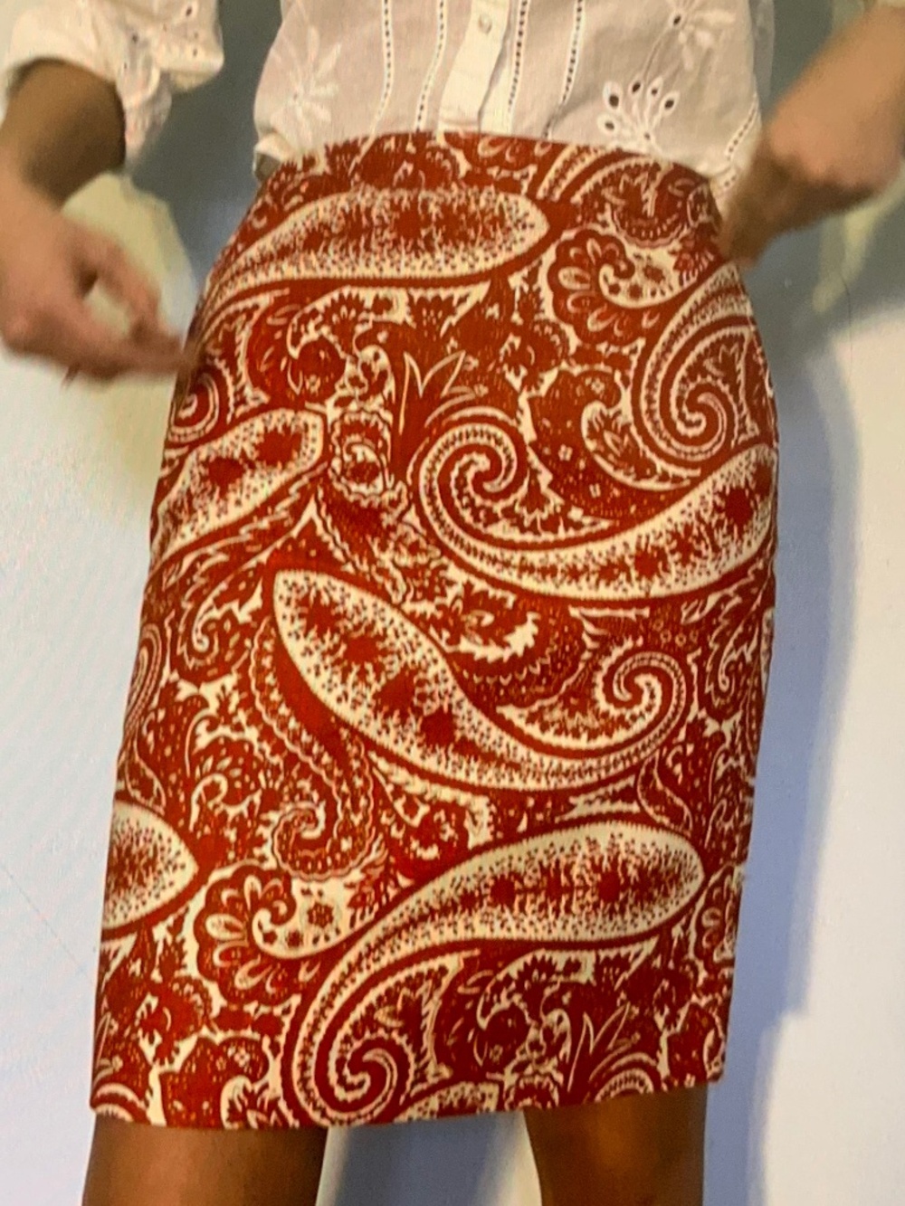 J Crew Cream and Orange Paisley Pencil skirt